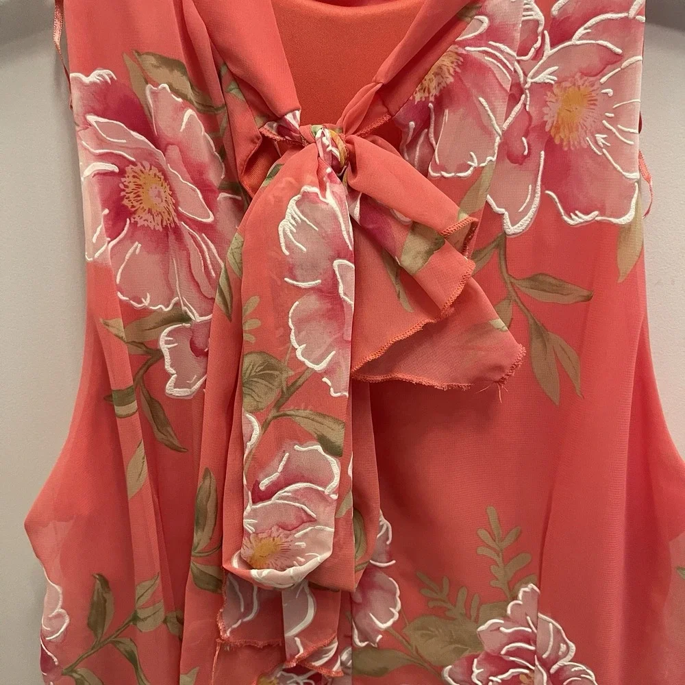 Signature By Robbie Bee Coral Floral Mock Neck‎ Bow Back Aline Dress Womens 12